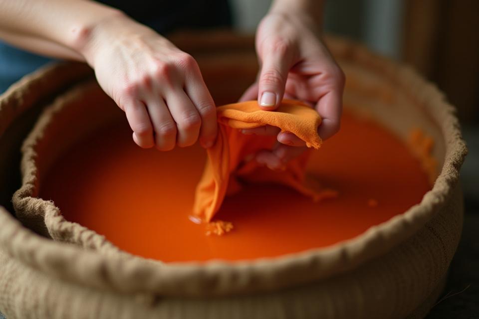 Mani che immergono un tessuto in una tintura naturale a mano