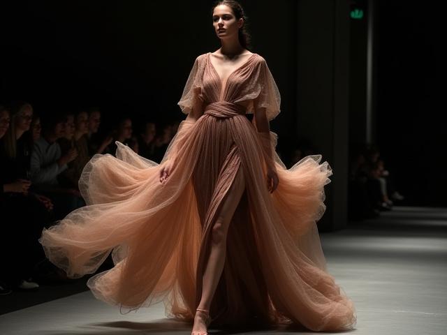 Dettagli tessili su un abito da passerella, fotografia di moda.