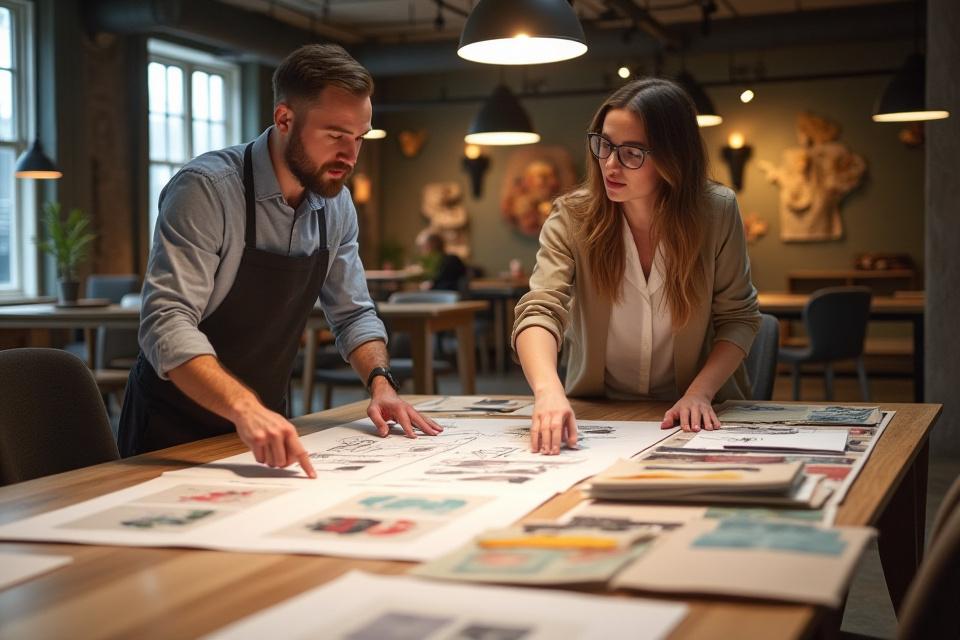 Two designers collaborating over sketches and mood boards in a creative studio